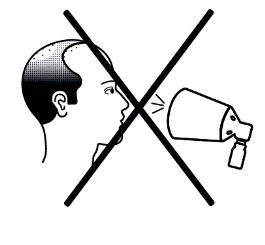 Dibujo en blanco y negro de un perfil humano con una gran cruz encima que indica la prohibición de inhalar el contenido de un frasco pulverizador