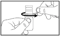 Two hands rotating a cap or seal around the neck of a medical vial indicated by a black curved arrow