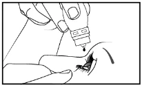 Black and white drawing showing a hand holding a vial to dispense a drop of liquid into