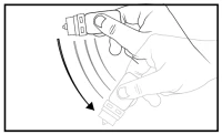 A hand holding an injection pen and tilting it downward following the direction indicated by a black curved arrow