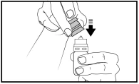 Two hands inserting a small cylindrical container into a larger container with a black arrow pointing downward