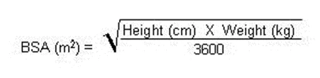Mathematical formula for calculating body surface area BSA in square meters relating height in cm and weight in kg divided by 3600
