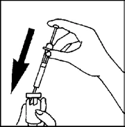 A hand holds a syringe with a needle and the tip is inserted into a vial while a black arrow indicates downward movement