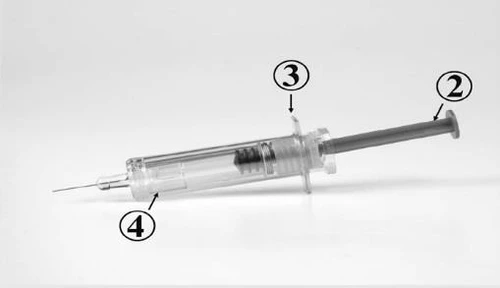 Jeringa transparente con aguja, pistón numerado 2, cuerpo cilíndrico numerado 3 y punta de la