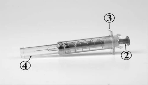 Jeringa transparente con componentes numerados: 2 el pistón, 3 el cuerpo cilíndrico y 4 la