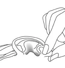 Line drawing of a hand gently opening the edge of a circular medical container or packaging