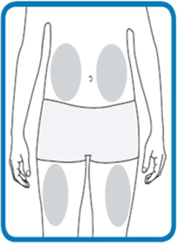 Esquema del cuerpo humano con cuatro áreas ovales grises que indican las zonas de aplicación en el