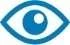 Icono estilizado de un ojo con contorno e iris azul y reflejo blanco en la pupila sobre fondo blanco