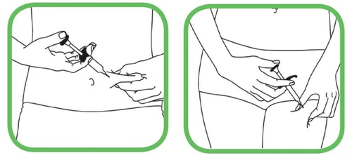 Dos dibujos lineales muestran a una persona que utiliza una jeringa para inyectar un medicamento en el