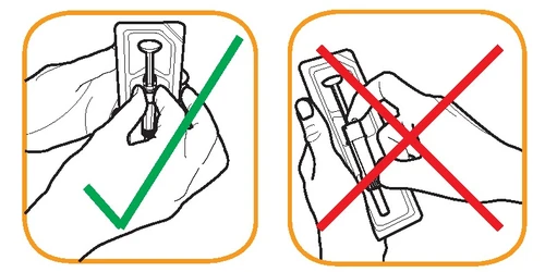 Dos dibujos con borde naranja: a la izquierda manos que extraen correctamente una jeringa con marca de verificación verde, a la derecha error con cruz roja