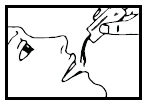 Dibujo en blanco y negro que muestra a una persona con la boca abierta mientras recibe un líquido de un frasco o jeringa mediante una boquilla