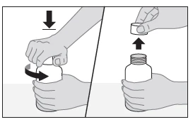 Diagrama en dos fases que muestra una mano presionando la tapa de un frasco girándola y un