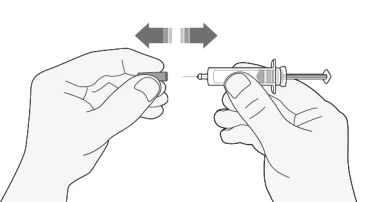 Dos manos moviendo adelante y atrás una jeringa hacia un pequeño componente rectangular indicado por una doble flecha horizontal