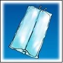 Ilustración de una bolsa para infusión médica transparente y rectangular con dos compartimentos separados sobre un fondo azul degradado