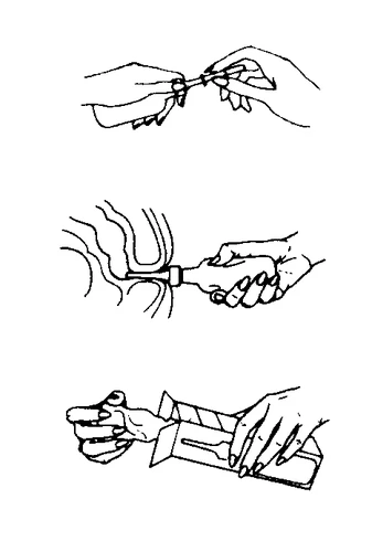 Three line drawings show how to open a vial, insert a