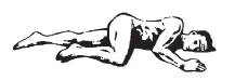 Black and white line drawing of a person lying on their side in fetal position with bent legs and arms folded toward the torso