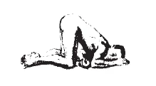 Stylized black and white drawing of a person on their knees with the torso bent forward and the head facing downward