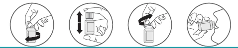 Cuatro diagramas circulares muestran cómo agitar el frasco, sacudirlo verticalmente, girar la tapa y verter el contenido en la boca