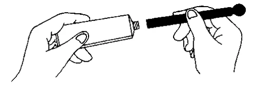 Two hands holding an open tube of cream and a stick applicator for the