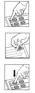 Tres dibujos secuenciales muestran una mano presionando un dedo sobre un recipiente para liberar el medicamento y luego abriéndolo con una presión hacia abajo