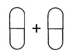 Dibujo esquemático en blanco y negro de dos cápsulas medicinales separadas por un signo más en el centro