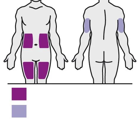 Human body diagram showing injection sites highlighted in dark purple on the skin