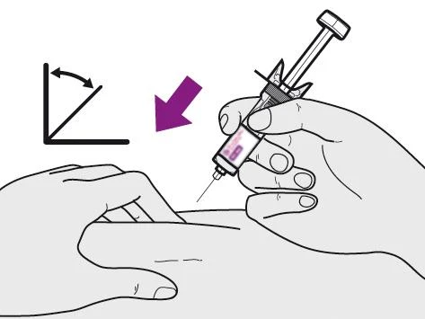 A hand holds a syringe tilted for an injection