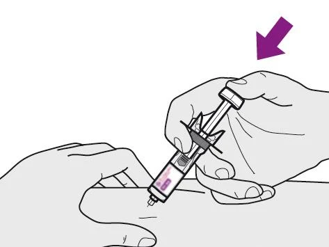 Two hands hold a syringe with needle pointing toward the arm skin with a purple arrow indicating the direction of injection