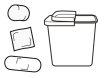 Line drawing of a container with a lid, a cotton swab, a square adhesive bandage, and a long pill-shaped bandage