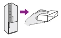 White refrigerator with a purple arrow indicating a hand removing a medicine box from an internal shelf