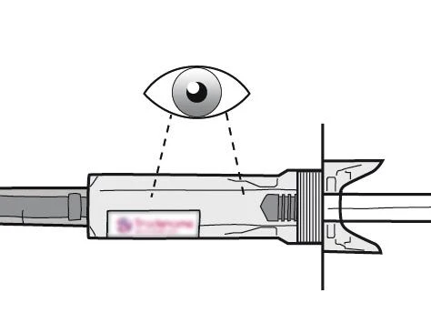 Schematic drawing of an eye observing a horizontal medical device with dashed lines indicating visualization of a component