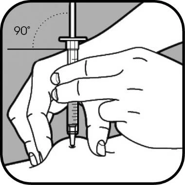 Dibujo técnico que muestra una mano sosteniendo una jeringa para una inyección