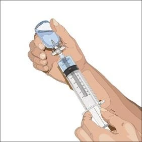 Two hands holding a syringe with clear liquid and a glass vial with a metal cap against a white background