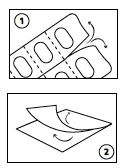 Two-step diagram showing how to separate a pill strip by bending it and how to lift the top paper or foil lid