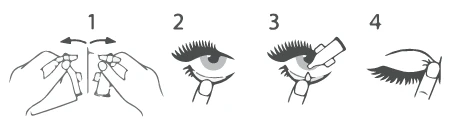 Diagrama en cuatro fases que muestra cómo aplicar un producto ocular: presionar los párpados, aplicar el frasco, presionar y cerrar el