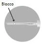 Diagrama técnico circular que muestra un detalle de un dispositivo médico con una flecha que indica un punto de bloqueo en un componente horizontal