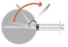 Diagrama que muestra el movimiento rotatorio de una aguja de jeringa indicado por una flecha naranja curva sobre fondo gris circular
