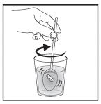 Una mano tiene un bastoncillo sobre un vaso con líquido y una flecha curva indica un movimiento rotatorio para mezclar el contenido