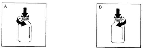 Two diagrams show how to unscrew a vial: in A the arrow indicates a clockwise rotation, in B a counterclockwise rotation with downward pressure