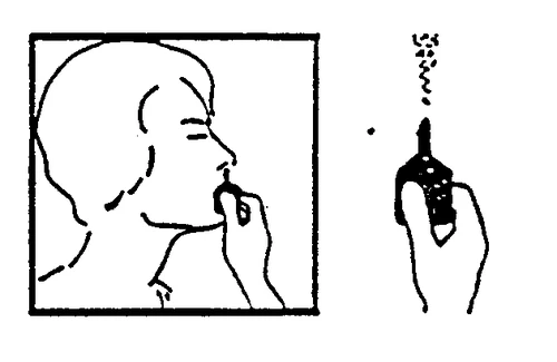 Dibujo lineal de una persona que sostiene un inhalador cerca de la boca y otro dispositivo que emite una nube de partículas hacia la