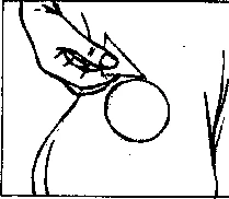 Black and white drawing showing a hand pressing a circle or disc onto a surface with thin vertical lines on the right