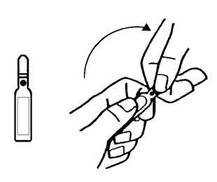 Schematic black-and-white drawing showing a vial on the left and two hands opening it by twisting the top with a curved arrow