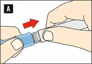 Due mani che tengono un dispositivo medico azzurro e bianco, con una freccia rossa che indica il movimento di rotazione o distacco tra le parti