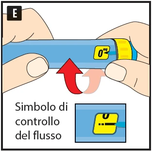 Due mani tengono un dispositivo medico azzurro con un indicatore giallo che segna lo zero e una freccia rossa che indica il controllo del flusso