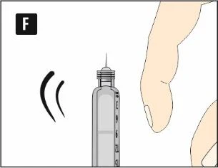Illustrazione medica di una siringa con ago rivolto verso l'alto e due linee curve nere a sinistra su sfondo bianco con una mano sulla destra
