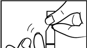 Black and white drawing showing a hand holding a medical device and the