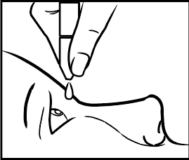 Line drawing of a hand holding a container to apply a drop of liquid onto the skin of the face near the