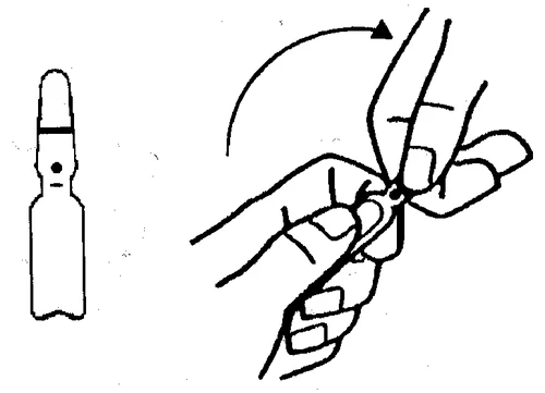 Dibujo técnico que muestra un dispositivo médico a la izquierda y dos manos que lo sostienen para girarlo hacia la derecha siguiendo una flecha curva