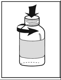 Technical drawing of a vial with a black vertical arrow pointing downward on the cap and a curved arrow indicating clockwise rotation