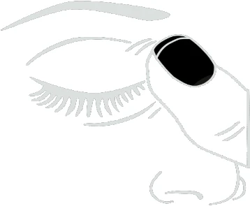 Dibujo lineal de un rostro con ojos cerrados y largas pestañas mientras una mano aplica un vendaje negro encima